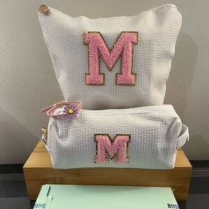 White Cosmetic Bag Set with Pink Initials